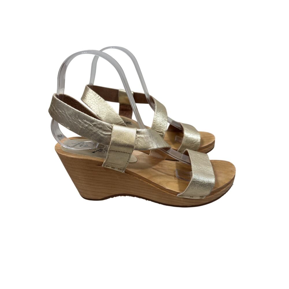 Free People Clog Sandals Womens EU 38 Gold Metallic Leather Dune Beach Wedge